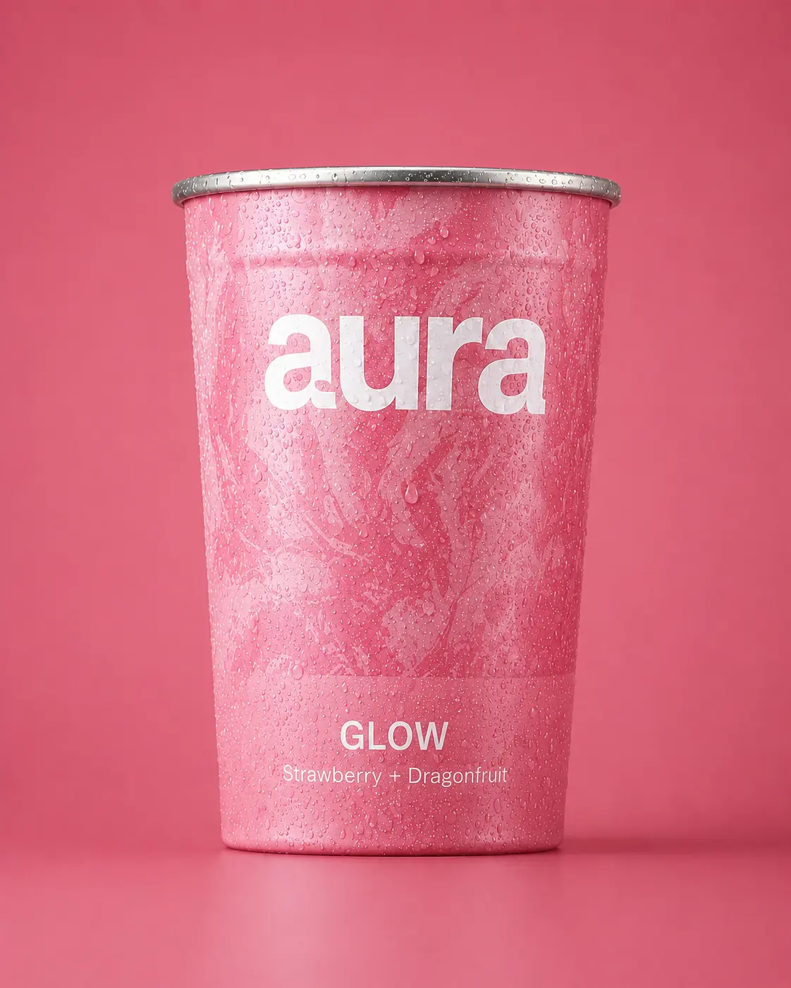 aura Glow, Strawberry and Dragonfruit, with fresh fruit.
